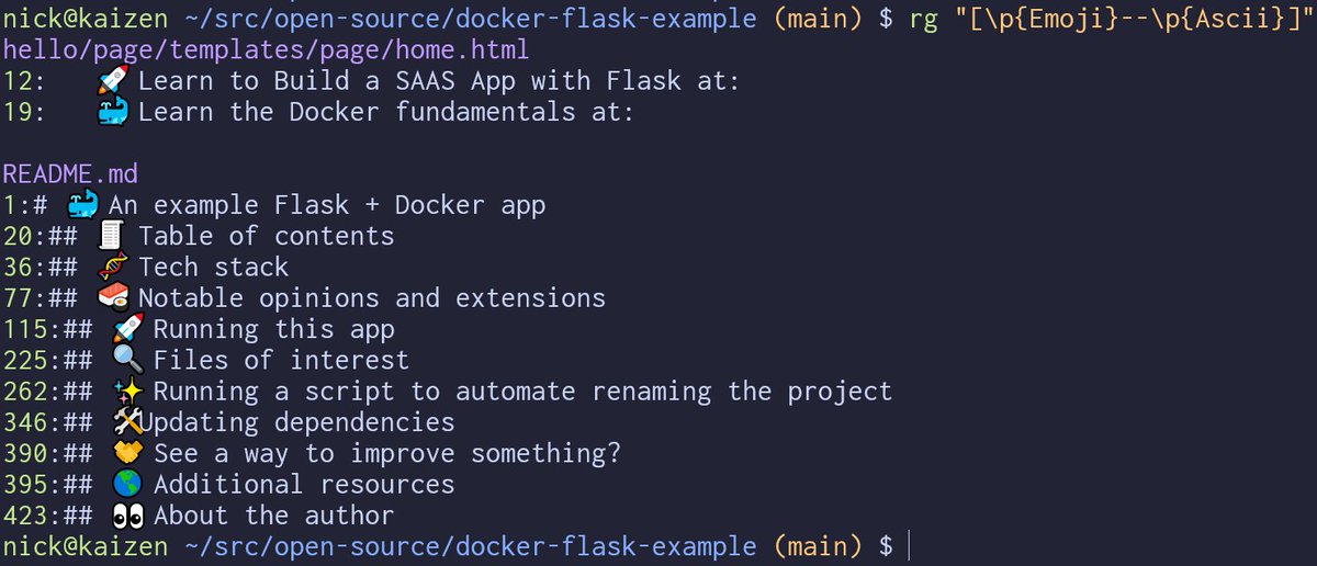 This is fun. If you're using ripgrep you can search for emojis with this regex:

rg "[\p{Emoji}--\p{Ascii}]"