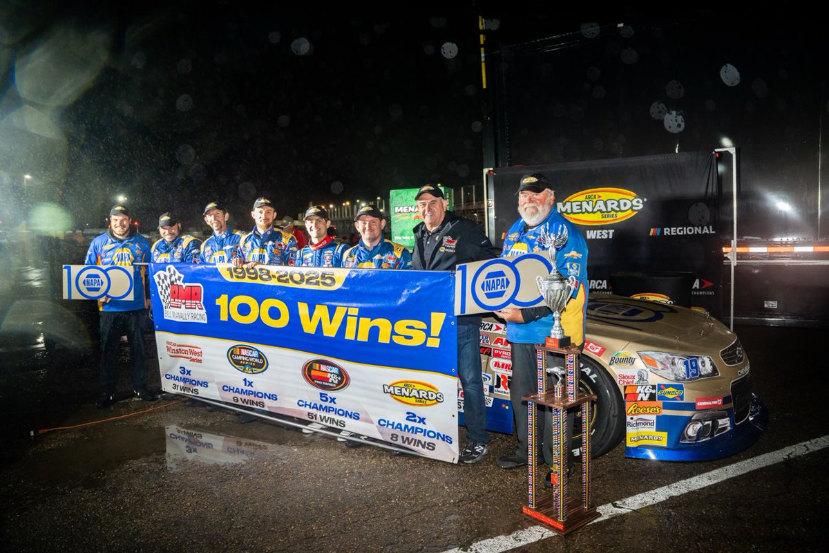 BMR_NASCAR's tweet photo. 100 WINS!

@JBollmanRacing delivered the 100th #ARCAWest points-paying win for BMR at @cnsracing! 

#teamNAPA https://t.co/04zVPP6nA6