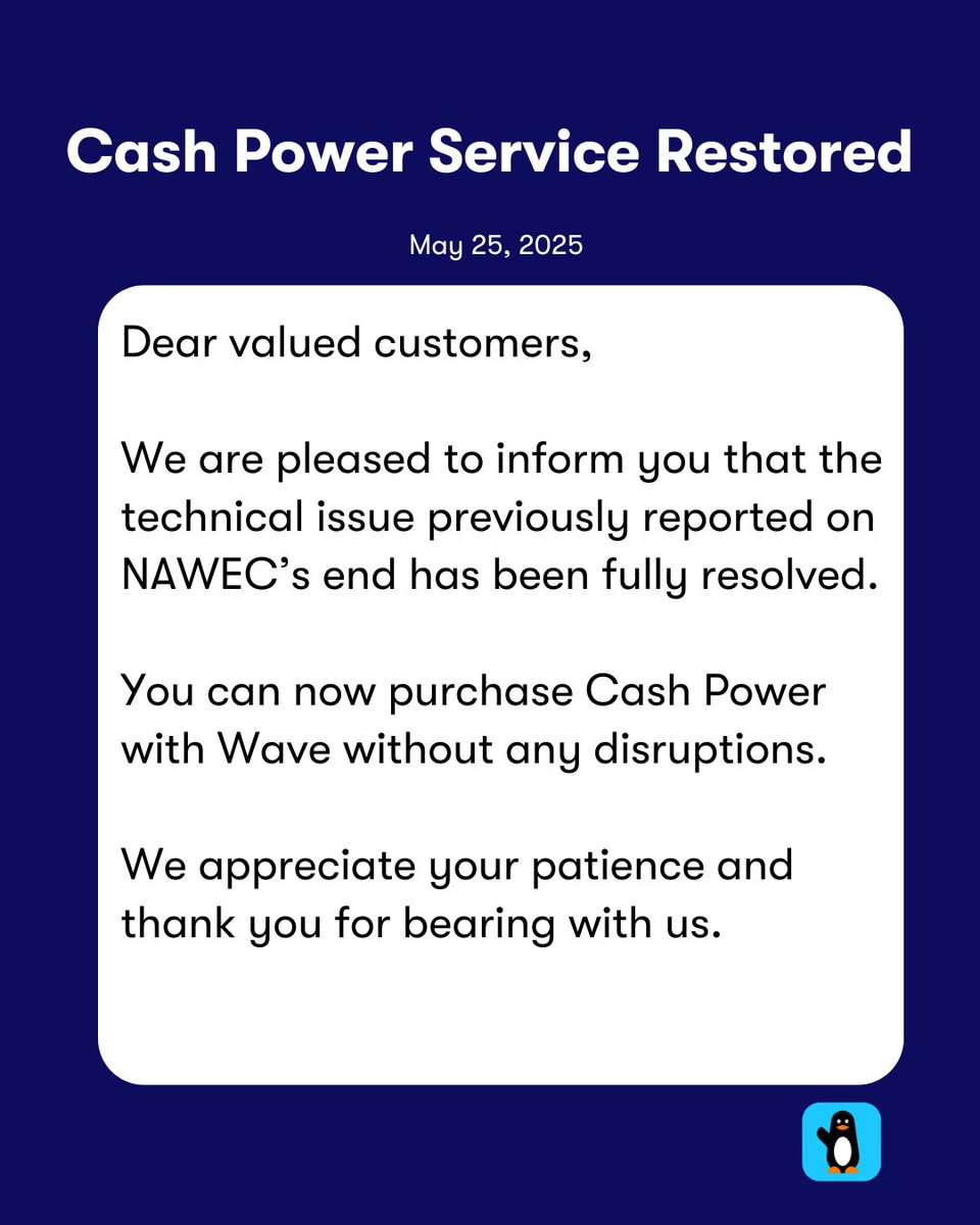Service Update: Cash Power Purchases Restored!