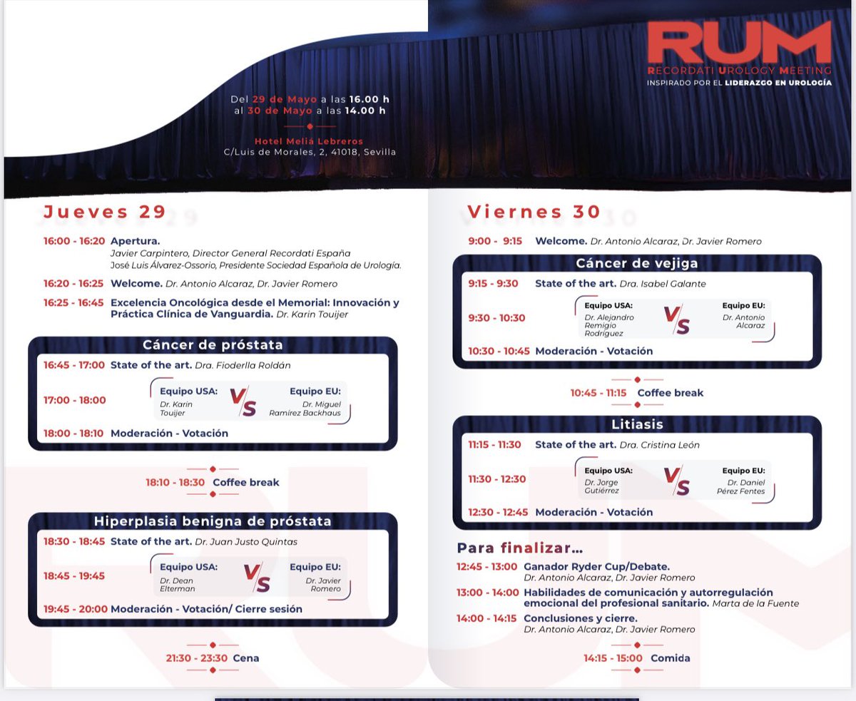 Javier Romero Otero (@dr_romero_otero) on Twitter photo FIRST UROLOGICAL RIDER CUP:
-Next May 29th in Sevilla.
-USA🇺🇸: <a href="/TouijerKarim/">Karim Touijer</a> <a href="/DrDeanElterman/">Dean Elterman</a> VS EUROPE🇪🇺: <a href="/AntonioAlcarazA/">Antonio Alcaraz</a> <a href="/dperfen/">Daniel Pérez Fentes</a> and many others!
comparing 🇺🇸 vs 🇪🇺 clinical procedure by clinical cases, providing an update on the current clinical scenario <a href="/RecordatiEspana/">Recordati España</a> FIRST UROLOGICAL RIDER CUP:
-Next May 29th in Sevilla.
-USA🇺🇸: <a href="/TouijerKarim/">Karim Touijer</a> <a href="/DrDeanElterman/">Dean Elterman</a> VS EUROPE🇪🇺: <a href="/AntonioAlcarazA/">Antonio Alcaraz</a> <a href="/dperfen/">Daniel Pérez Fentes</a> and many others!
comparing 🇺🇸 vs 🇪🇺 clinical procedure by clinical cases, providing an update on the current clinical scenario <a href="/RecordatiEspana/">Recordati España</a>