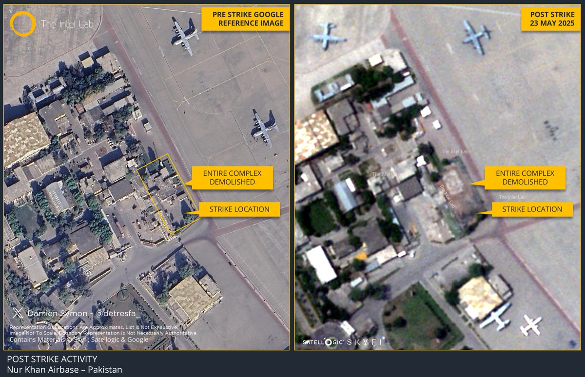 A review of Nur Khan Airbase, Pakistan reveals the entire complex near India's strike location has now been demolished, suggesting the strike’s effect went beyond the two special-purpose trucks - possibly presenting a broader footprint of the damage <a href="/TheIntelLab/">The Intel Lab</a> #SkyFi
