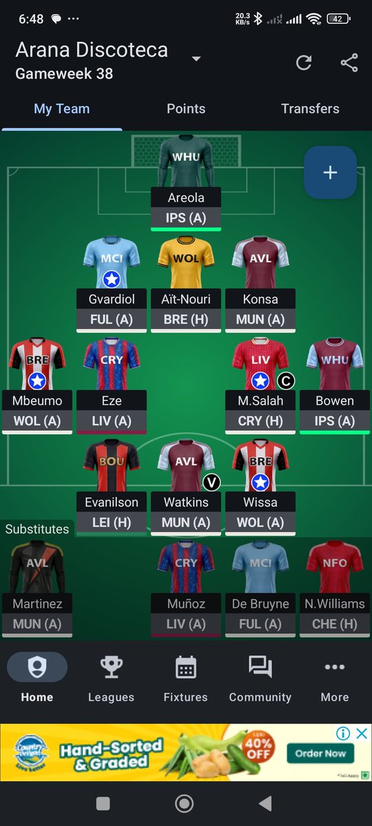 GW38 🔒

Current rank: 992

Aiming to finish inside the top 1k. Transfer done is Mateta to Evanilson. Eze stays cause he's been brilliant for me. 

Hoping for a RAN return finally.