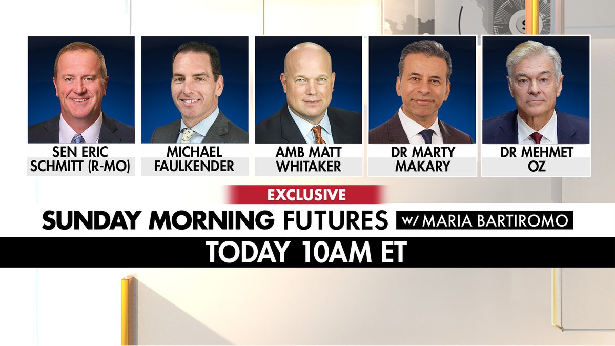 SundayMorningFutures (@sundayfutures) on Twitter photo Good morning! Tune in at 10am ET to catch <a href="/JackieDeAngelis/">Jackie DeAngelis</a> exclusive interviews with:
<a href="/SenEricSchmitt/">Senator Eric Schmitt</a>
<a href="/TreasuryDepSec/">Deputy Secretary Michael Faulkender</a>
<a href="/MattWhitaker46/">Matt Whitaker 🇺🇸</a> <a href="/USAmbNATO/">U.S. Ambassador to NATO</a>
<a href="/DrMakaryFDA/">Dr. Marty Makary</a>
<a href="/DrOzCMS/">DrOzCMS</a>
All live on <a href="/SundayFutures/">SundayMorningFutures</a> <a href="/FoxNews/">Fox News</a> Good morning! Tune in at 10am ET to catch <a href="/JackieDeAngelis/">Jackie DeAngelis</a> exclusive interviews with:
<a href="/SenEricSchmitt/">Senator Eric Schmitt</a>
<a href="/TreasuryDepSec/">Deputy Secretary Michael Faulkender</a>
<a href="/MattWhitaker46/">Matt Whitaker 🇺🇸</a> <a href="/USAmbNATO/">U.S. Ambassador to NATO</a>
<a href="/DrMakaryFDA/">Dr. Marty Makary</a>
<a href="/DrOzCMS/">DrOzCMS</a>
All live on <a href="/SundayFutures/">SundayMorningFutures</a> <a href="/FoxNews/">Fox News</a>