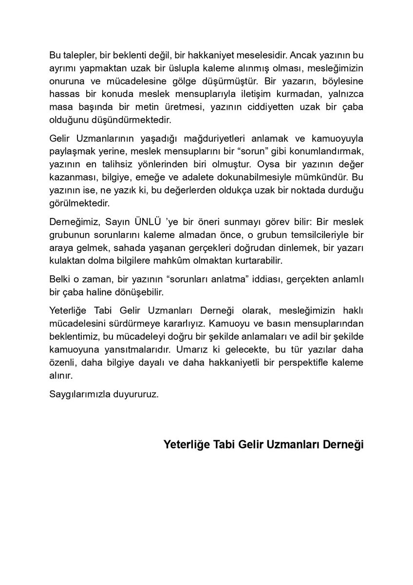 25 Mayıs 2025 tarihinde yayımlanan ve Ahmet ÜNLÜ’nün kaleme aldığı “Kariyer mesleklerdeki merkez taşra ayrımı ve ortaya çıkardığı sorunlar” başlıklı yazıya ilişkin açıklamamızı kamuoyuna saygıyla duyururuz.