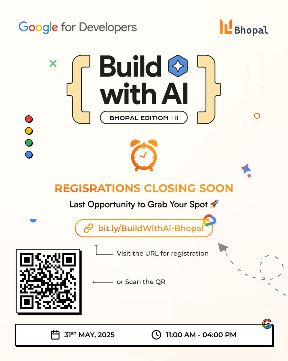 mlbhopal's tweet image. ⚠ Registrations for Build With AI – Bhopal Edition II are CLOSING SOON! and this is your last chance to be part of AI Event!
🎟 Register NOW before it’s too late:
🔗 bit.ly/BuildWithAi-Bh…
📍 31st May 2025 | LNCT Bhopal | 11:00 AM – 4:00 PM
@googledevs #buildwithai