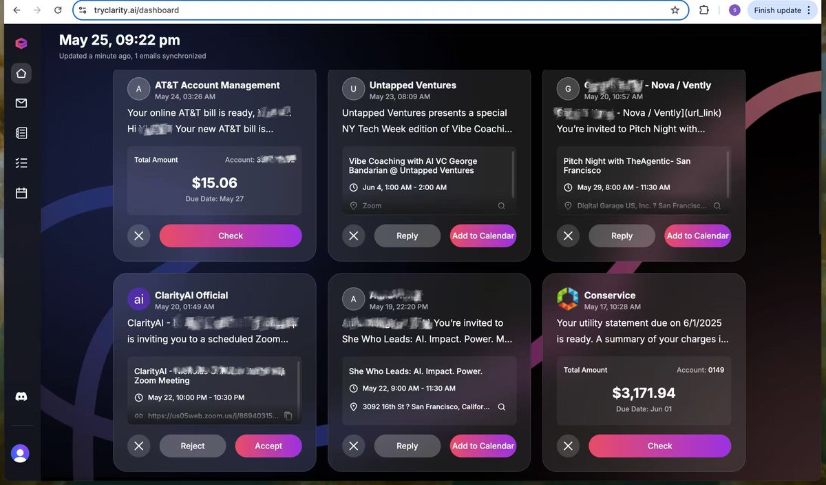 tryClarityAI's tweet photo. A real example of what ClarityAI caught in my inbox this week:
 🧾 AT&T and Conservice bill due
 🧑‍💻 Zoom link for 10pm call
 📩 Several event invitations

All auto-surfaced, no digging.
These aren’t emails — they’re action points.
 And now they show up like it.

#clarityai #Email #productivite #Calendar #eventplanner #EVENT #ai #Products #productmanagement #WorkFromHome #Freelance1Goal #TimeManagement #Update #Updates