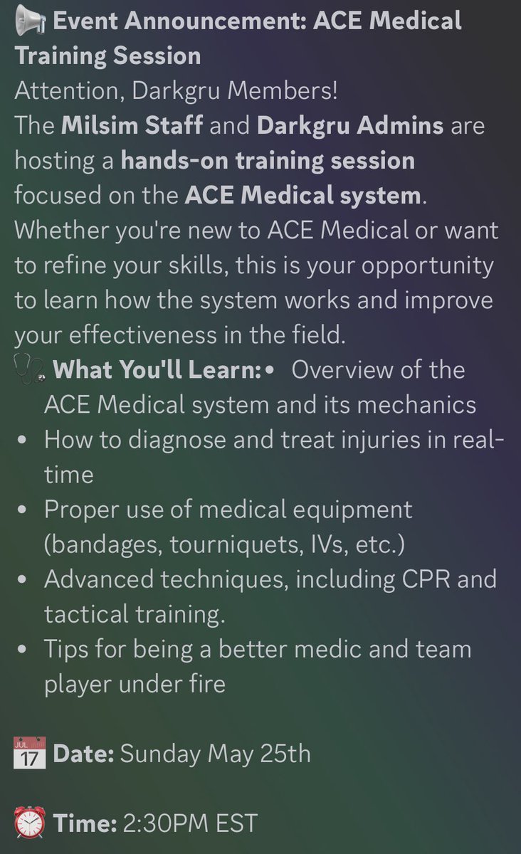 ACE Medical Training is here! Today at 2:30pm EST join the DarkGru event server to gain hands on experience, learn from demonstrations, guided practice, and a Q&amp;A session at the end. 

This session is open to ALL skill levels discord.gg/darkgru #armareforger #milsim #arma