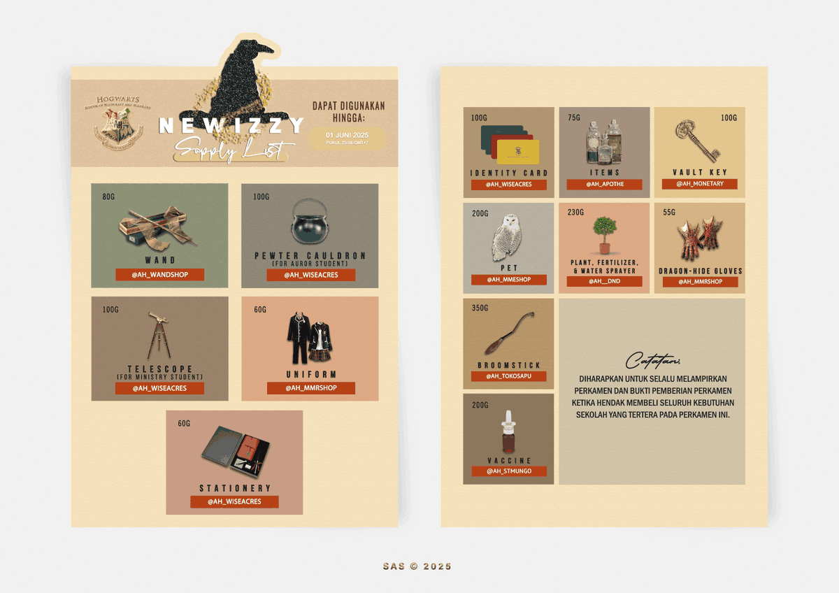 Asrama_Hogwarts's tweet image. “Kepada para murid baru yang sudah selesai makan, dipersilakan untuk kembali maju!” serunya, kemudian membagikan perkamen kebutuhan.
 
【 Newizzy Parchment – May 2025 】
 
· HQ: s.id/AH-NWP-0525
· Perkamen akan di-mention ke kalian setelah acara ini selesai.