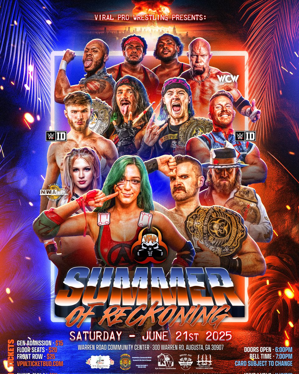 Get ready for Viral Pro Wrestling: Summer of Reckoning! 🔥👊 June 21st, 2025 @ Warren Road Community Center in Augusta, GA! ⭐️ NWA, WCW &amp; WWE Evolve stars! 

Get Tickets: 🎟 vpw.ticketbud.com/viral-pro-wres…

#WWE #AEW #Augusta #TNA #Entertainment #FamilyFriendly #NWA #WWEID