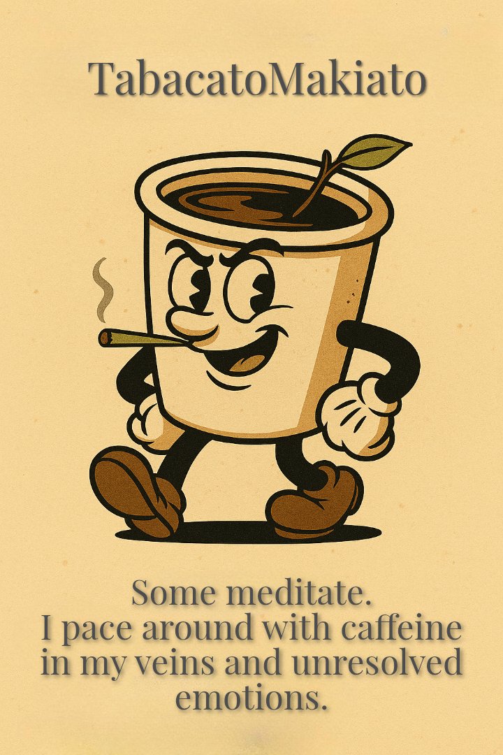 Tabacato's tweet photo. Some meditate.
I pace around with caffeine in my veins and unresolved emotions.
☕🚬
#MindfulnessButMakeItCaffeinated #TabacatoMakiato #cartooncore #memecoins https://t.co/yMdZDCRbRF
