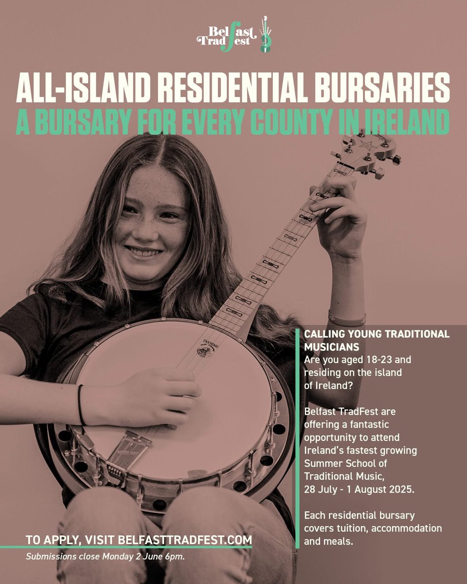 Belfast TradFest (@belfasttradf) on Twitter photo Are you from County Meath?
Would you like to attend our summer school on a fully funded residential bursary?
All-Ireland Bursary programme supported by <a href="/meathcoco/">Meath County Council</a> <a href="/MeathArts/">Meath Arts Office</a>
More info belfasttraditionalmusic.com/residential-bu… Are you from County Meath?
Would you like to attend our summer school on a fully funded residential bursary?
All-Ireland Bursary programme supported by <a href="/meathcoco/">Meath County Council</a> <a href="/MeathArts/">Meath Arts Office</a>
More info belfasttraditionalmusic.com/residential-bu…