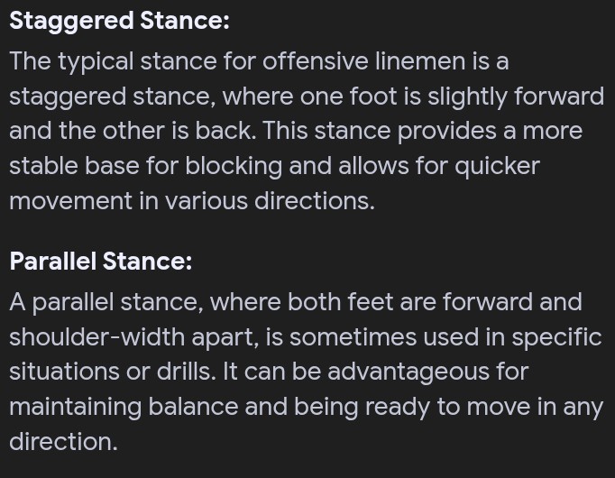 Coaches, which one do you prefer for your offensive lineman? Why? I know  all coaches are different. Some coaches believe in the parallel because the OL can step with either foot when they're down blocking left or right. Most coaches use a staggered, left or right-handed stance.