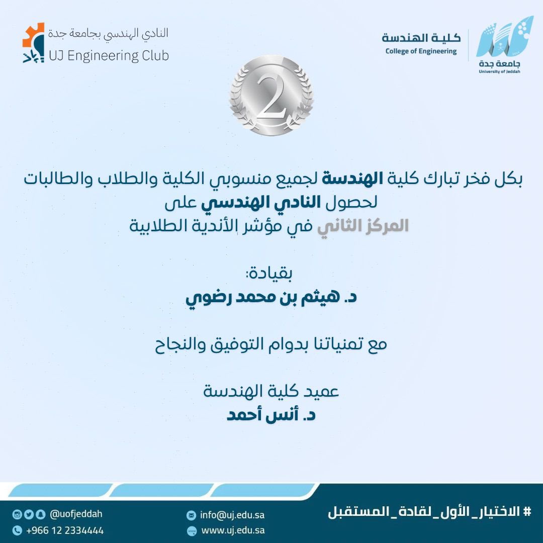 تهنئة | 

تفخر وتهنيء #كلية_الهندسة منسوبيها بالفوز بـالمركز الثاني 🥈 في : 

مؤشر الأندية الطلابية. 

مع تمنياتنا بدوام التوفيق ومزيدًا من النجاح والتميز. 

سعادة عميد كلية الهندسة
د. أنس أحمد

#جامعة_جدة
#الاختيار_الأول_لقادة_المستقبل