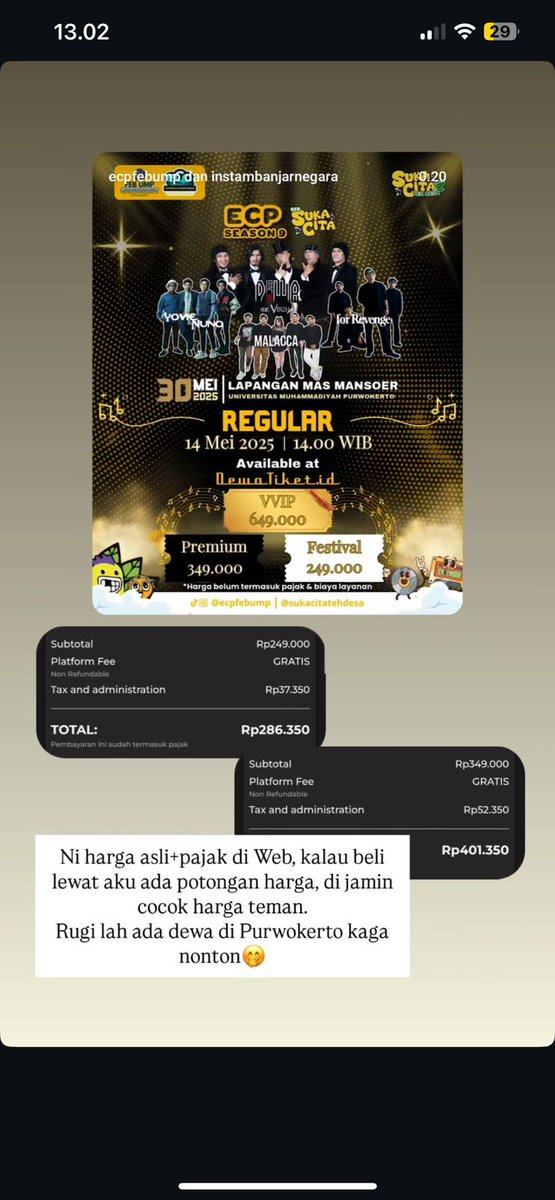 lovadopa's tweet photo. WTS ECP UMP UNDERPRICEโผ๏ธ
harga festival jadi 195K
premium jadi 311K
harga sudah include pajakโผ๏ธ
Yg mau bisa Rep/DM yaw
#wtsticket #ump #konserpurwokerto https://t.co/NAZUOBnf6N