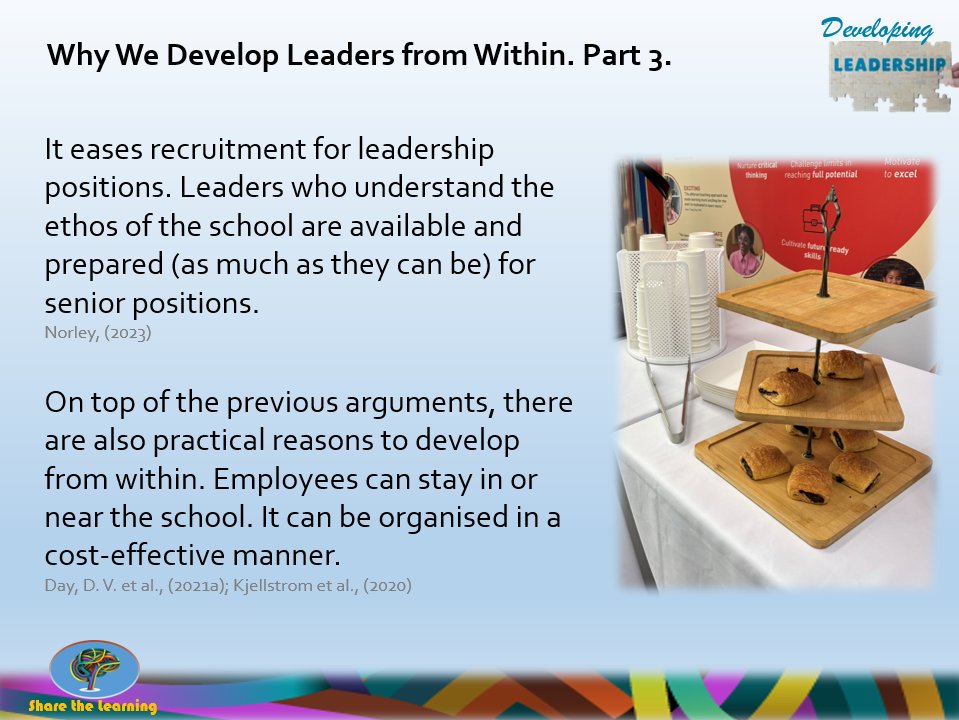 The last set of reasons to consider developing leadership from within. Apart from the advantages of succession planning, It also makes practical sense to do so. Do note the visual clue on what is an essential ingredient for leadership development 😉 #leadershipdevelopment