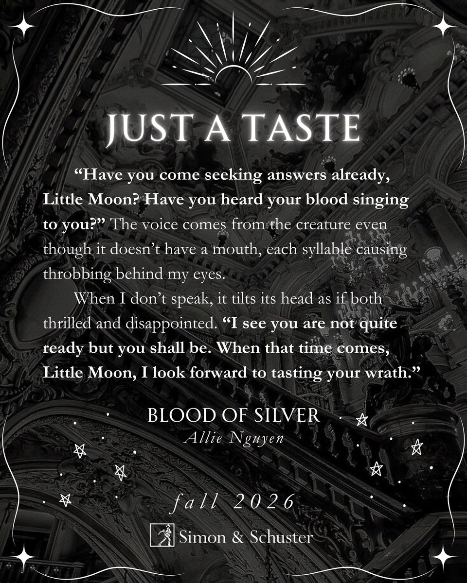 alliewritesalot's tweet photo. A reader’s guide to BLOOD OF SILVER (McElderry/S&amp;S, Fall 2026) 🌞🌙

You’ll enjoy this book if you love:
🖤 Whimsically terrifying worlds
🕯️ Court intrique &amp; betrayals
🗡️ Slow burn rivals to lovers
🕷️ Magic, madness, monsters

#WritingCommunity https://t.co/USpEQWVHuK
