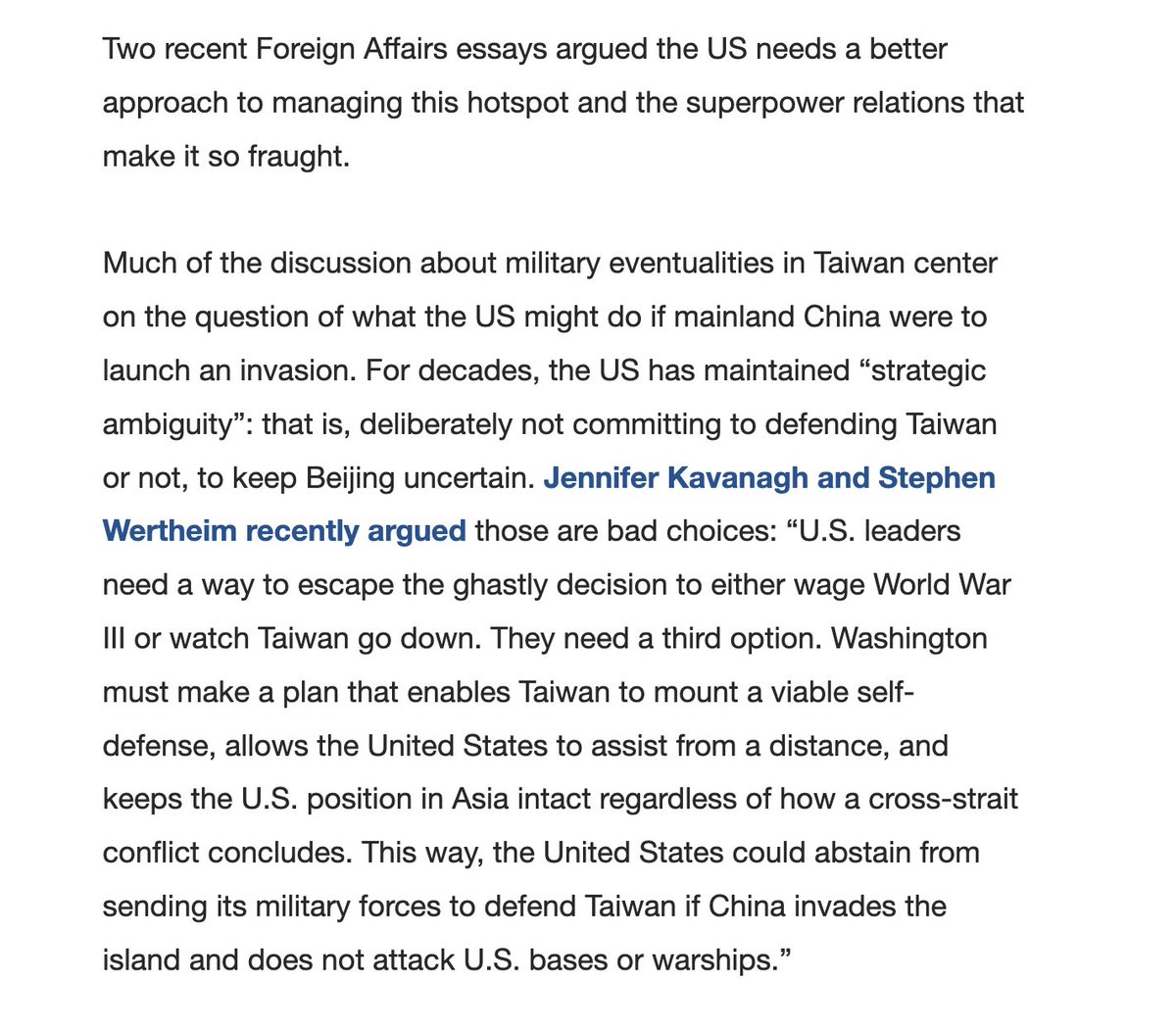 Stephen Wertheim (@stephenwertheim) on Twitter photo Thanks <a href="/FareedZakaria/">Fareed Zakaria</a> for highlighting <a href="/jekavanagh/">Jennifer Kavanagh</a>'s and my proposal for a "third option" for Taiwan's defense. Thanks <a href="/FareedZakaria/">Fareed Zakaria</a> for highlighting <a href="/jekavanagh/">Jennifer Kavanagh</a>'s and my proposal for a "third option" for Taiwan's defense.