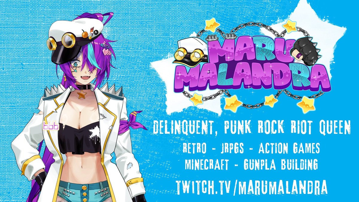 This is Maru.  (<a href="/MaruMalandra/">Maru Malandra 👊 Delinquent Hagtuber</a>)

THIS CAPTAIN AESTHETIC I LOVE
THE SPIKES ON THE SHOULDERS AND THOSE GOGGLES TOO
the markings under that eye!
the top with that cute star on it!
the cute blue hair streak!!!!

10/10.
