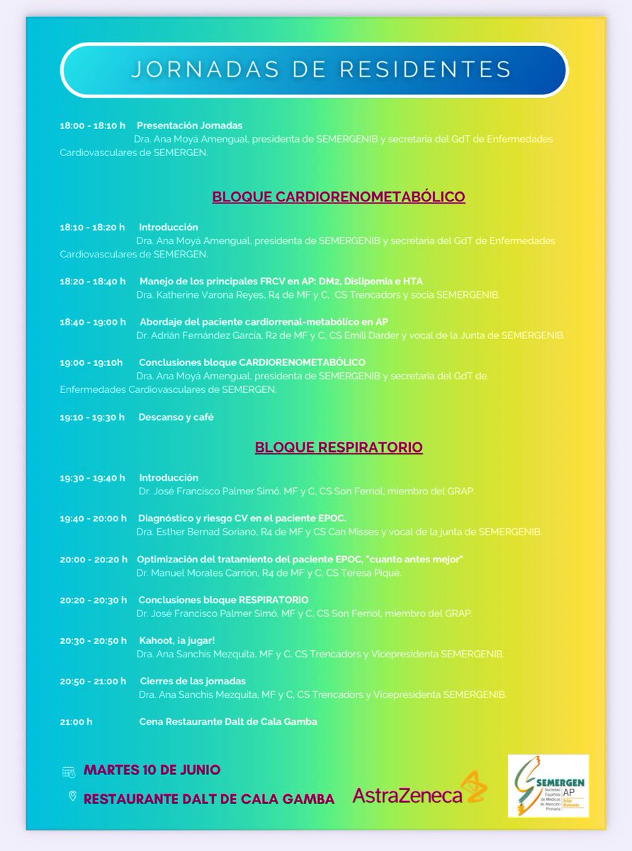 Jornadas para residentes de #MFyC 
🗓️ 10 de junio 
📍Rte Cala Gamba 
No te las pierdas!