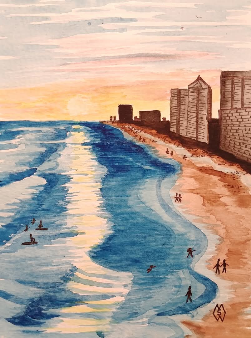MattStarrFineA1's tweet photo. This is my watercolor and ink painting of the view from the fishing pier of the condos at Navarre Beach, Florida at sunset. https://t.co/elMhoVjQk9 
#mattstarrfineart #art #Florida #NavarreBeach #condo #condominiums #beach #ocean #sea #GulfofAmerica #people #vacation #sunset https://t.co/OV6jbOKG71