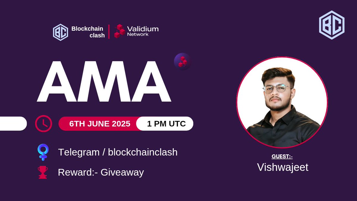 John Lee (@john_lee2018) on Twitter photo Blockchain Clash!
Get ready for our next TelegramAMA session with Validium.
🕰 6 June, 1 PM UTC
💰 Giveaway
🗣 Vishwajeet
🏛 Venue: t.me/blockchainclash
📌 Rules:
1️⃣ Follow <a href="/ValidiumNetwork/">Validium Network</a>
2️⃣ Like & Retweet Blockchain Clash!
Get ready for our next TelegramAMA session with Validium.
🕰 6 June, 1 PM UTC
💰 Giveaway
🗣 Vishwajeet
🏛 Venue: t.me/blockchainclash
📌 Rules:
1️⃣ Follow <a href="/ValidiumNetwork/">Validium Network</a>
2️⃣ Like & Retweet