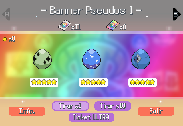 ✨ ¡NUEVO BANNER GACHA! / NEW GACHA BANNER! ✨

💯 ¡Consigue los huevos de los pseudolegendarios de las 3 primeras gens! / Get the eggs of the pseudo-legendaries from the first 3 gens!

🗓 Hasta el 1 de Agosto / Until 1st of August

🍀 ¡Mucha suerte! / Good luck! 🍀