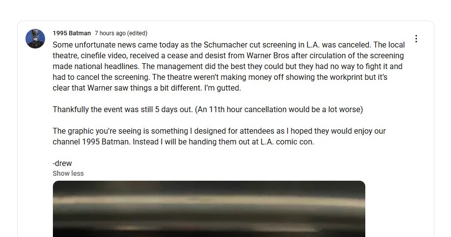 Damn! Some sad news today, Cinefile Video's L.A. screening of the Batman Forever: Schumacher Cut has been cancelled by WB.

#BatmanForever
#ReleaseTheSchumacherCut 🦇