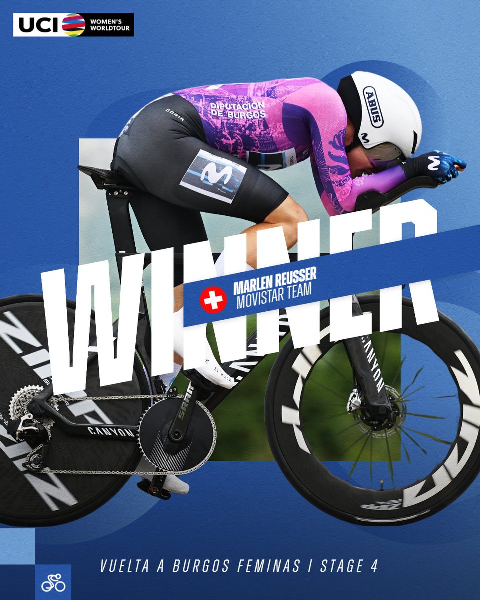 UCI_WWT (@uci_wwt) on Twitter photo 🏁 New best time, stage & overall win!
<a href="/MarlenReusser/">Marlen Reusser</a> <a href="/Movistar_Team/">Movistar Team</a> clocks 12:51, fastest of the day and takes the final stage victory at <a href="/VueltaBurgos/">Vuelta a Burgos</a>!
#UCIWWT #VueltaBurgos 🏁 New best time, stage & overall win!
<a href="/MarlenReusser/">Marlen Reusser</a> <a href="/Movistar_Team/">Movistar Team</a> clocks 12:51, fastest of the day and takes the final stage victory at <a href="/VueltaBurgos/">Vuelta a Burgos</a>!
#UCIWWT #VueltaBurgos
