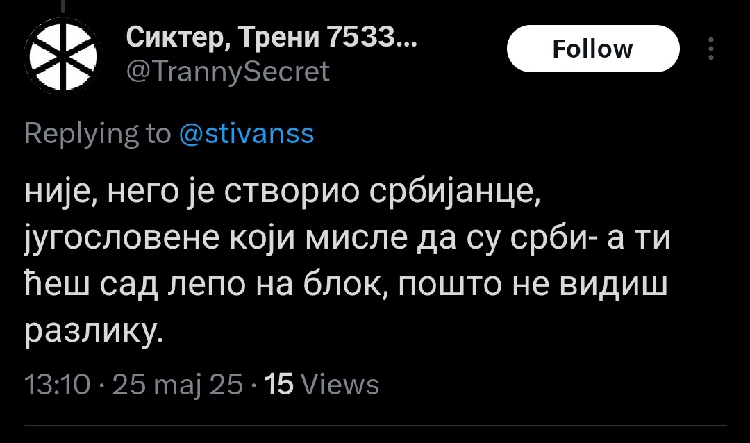 Šteta.
<a href="/TrannySecret/">Сиктер, Трени 7533…</a> 
Srbin ,Srbijanac...kako god.
Jedna država,samo Srbija nikad Jugoslavija.