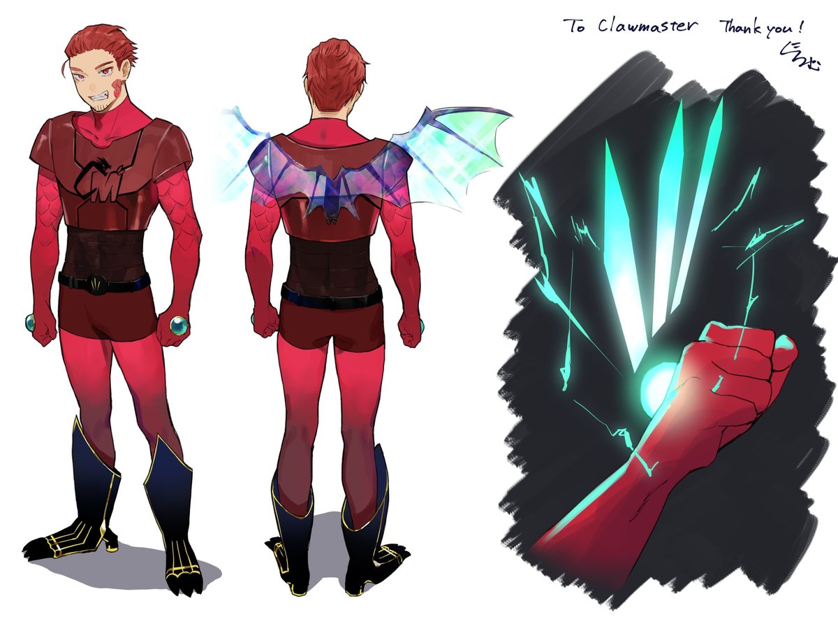 This is Clawmaster.  (clawmaster on bsky)

THIS SUPERHERO DESIGN I ADORE THE SUIT AND THAT SCALING ON THE ARMS
THE WING DESIGN TOO I LOVE HOW TRANSLUCENT IT LOOKS 
the clawed feet!
the stones in the hands!
the m on the top!

10/10.