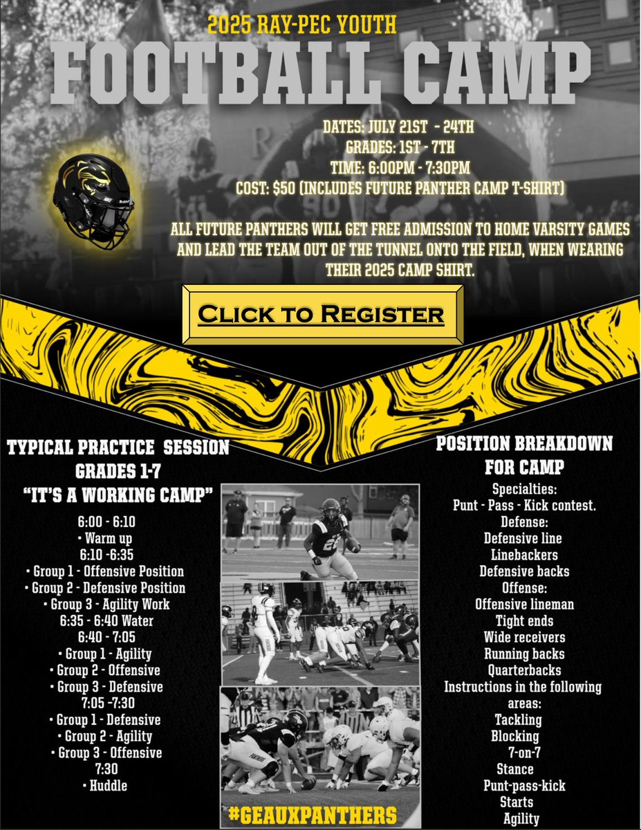 RISE AND SHINE! Ray-Pec community -- Get ready for the most fun you have ever had at football camp.

docs.google.com/forms/d/e/1FAI…
