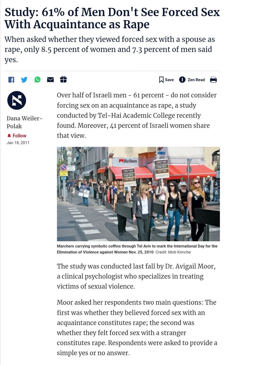 #Israel is a sick society. A study by Israeli researchers found that 61% of Israeli men and 41% of Israeli women believe it's OK to #rape an acquaintance. 

If that's how they treat each other, can you imagine what the #IDF is doing to the Palestinians?!

haaretz.com/2011-01-18/ty-…