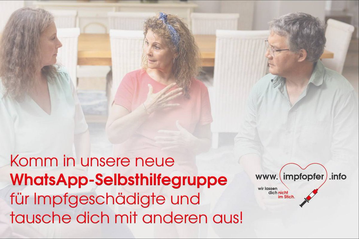 🤝❤️ Fühlst du dich nach der Corona-Impfung allein gelassen?

👉 Tausche dich in unserer WhatsApp-Selbsthilfegruppe aus (chat.whatsapp.com/FYmJImjW7Xj0qe…). (chat.whatsapp.com/FYmJImjW7Xj0qe…)

Als größter Impfopfer-Verein in Österreich helfen wir bei Impfschäden, Long-Covid und Shedding!

👉 Wir