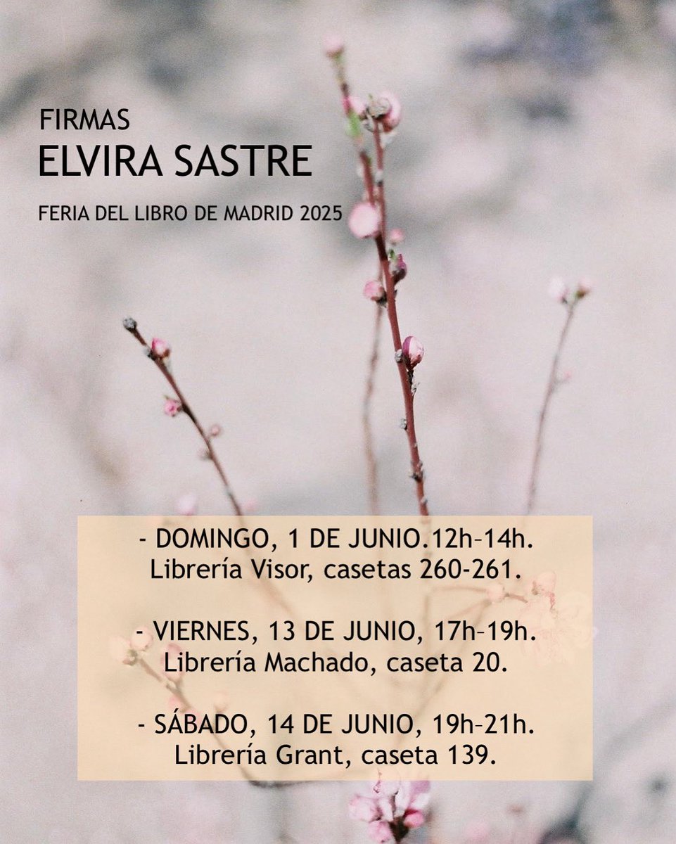 elvira sastre sanz (@elvirasastre) on Twitter photo Volvemos a vernos en la <a href="/FLMadrid/">Feria del Libro de Madrid</a>.
Estaré el próximo domingo a las 12h y también el viernes 13 y el sábado 14 por la tarde 💘 Volvemos a vernos en la <a href="/FLMadrid/">Feria del Libro de Madrid</a>.
Estaré el próximo domingo a las 12h y también el viernes 13 y el sábado 14 por la tarde 💘