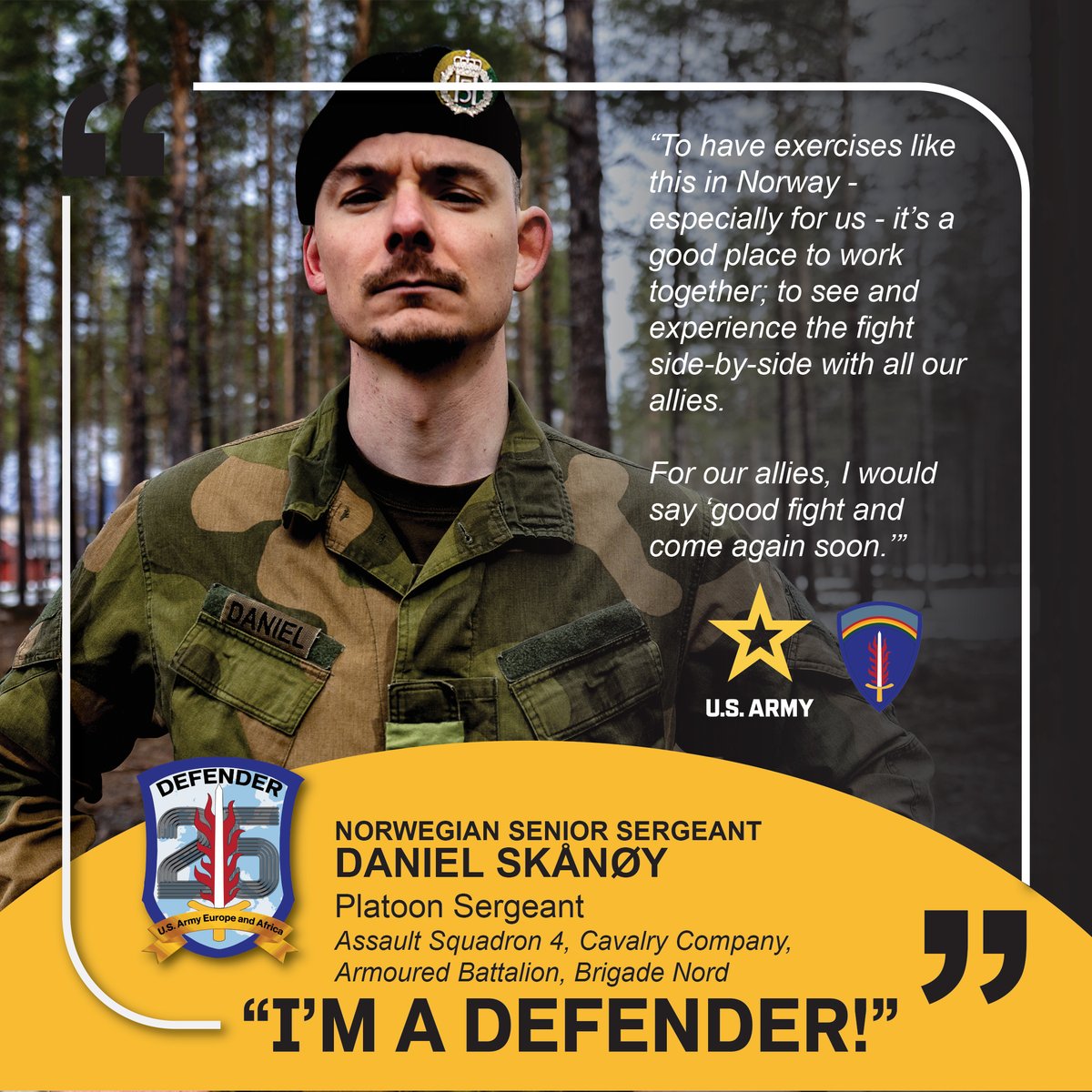 U.S. Army Europe and Africa (@usarmyeuraf) on Twitter photo "I'M A DEFENDER" - Highlighting our Norwegian Allies training with us during #SwiftResponse.
Lt. Vebjorn Svendsen and Senior Sgt. Daniel Skånøy
#DEFENDEREurope #SwordOfFreedom <a href="/NorwegianArmy/">Hæren / Norwegian Army</a> <a href="/usembassyoslo/">U.S. Embassy Oslo</a> <a href="/Forsvarsdep/">Norwegian Ministry of Defence</a> <a href="/US_EUCOM/">U.S. European Command</a> "I'M A DEFENDER" - Highlighting our Norwegian Allies training with us during #SwiftResponse.
Lt. Vebjorn Svendsen and Senior Sgt. Daniel Skånøy
#DEFENDEREurope #SwordOfFreedom <a href="/NorwegianArmy/">Hæren / Norwegian Army</a> <a href="/usembassyoslo/">U.S. Embassy Oslo</a> <a href="/Forsvarsdep/">Norwegian Ministry of Defence</a> <a href="/US_EUCOM/">U.S. European Command</a>