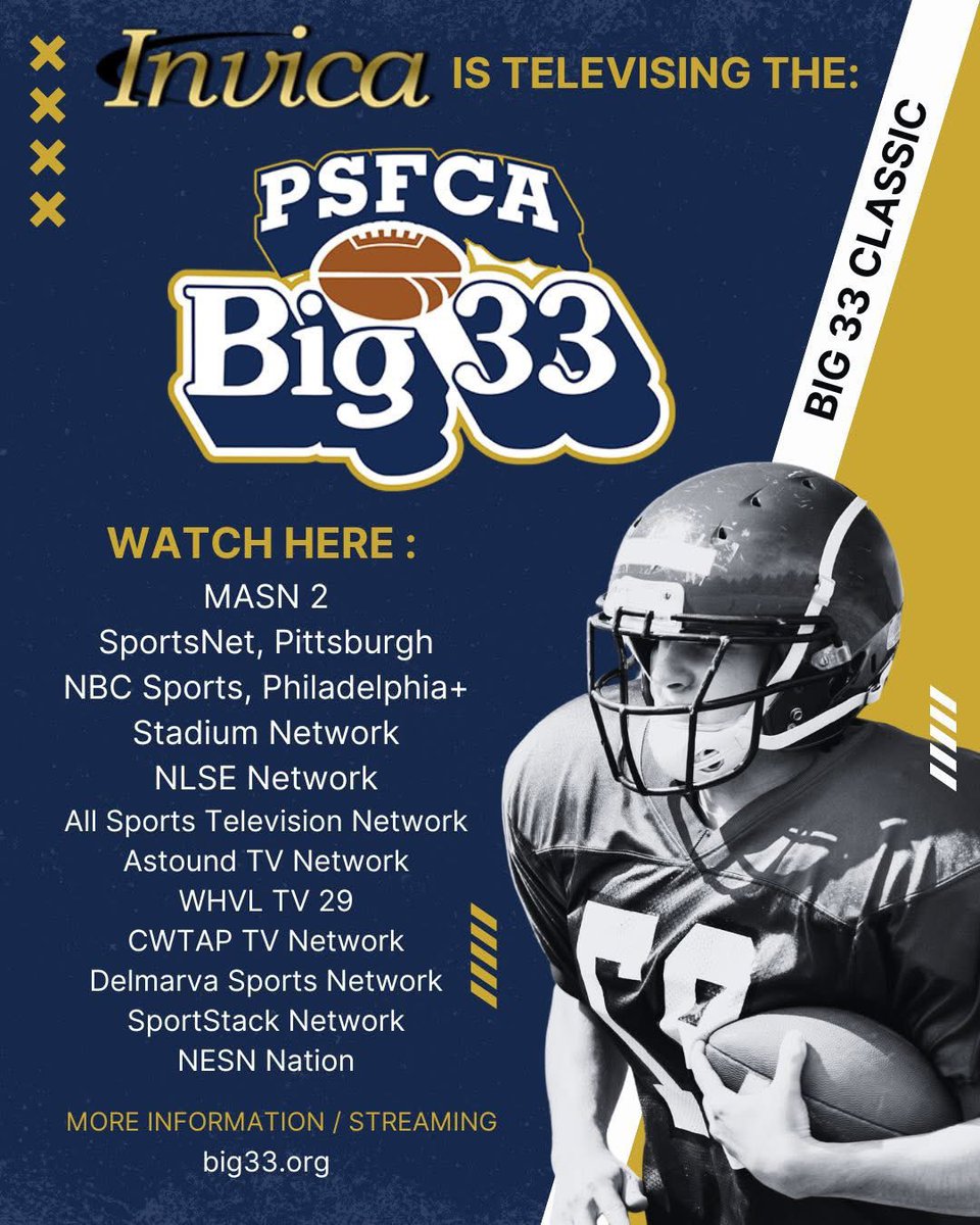 Best of luck to Michael Gelatko today as he suits up for the PA team in the 68th annual Big 33 Game! Kickoff is scheduled for 7:30pm at Cumberland Valley High School.

The game will be live streamed on YouTube and also will be broadcast live on the channels named in the picture.