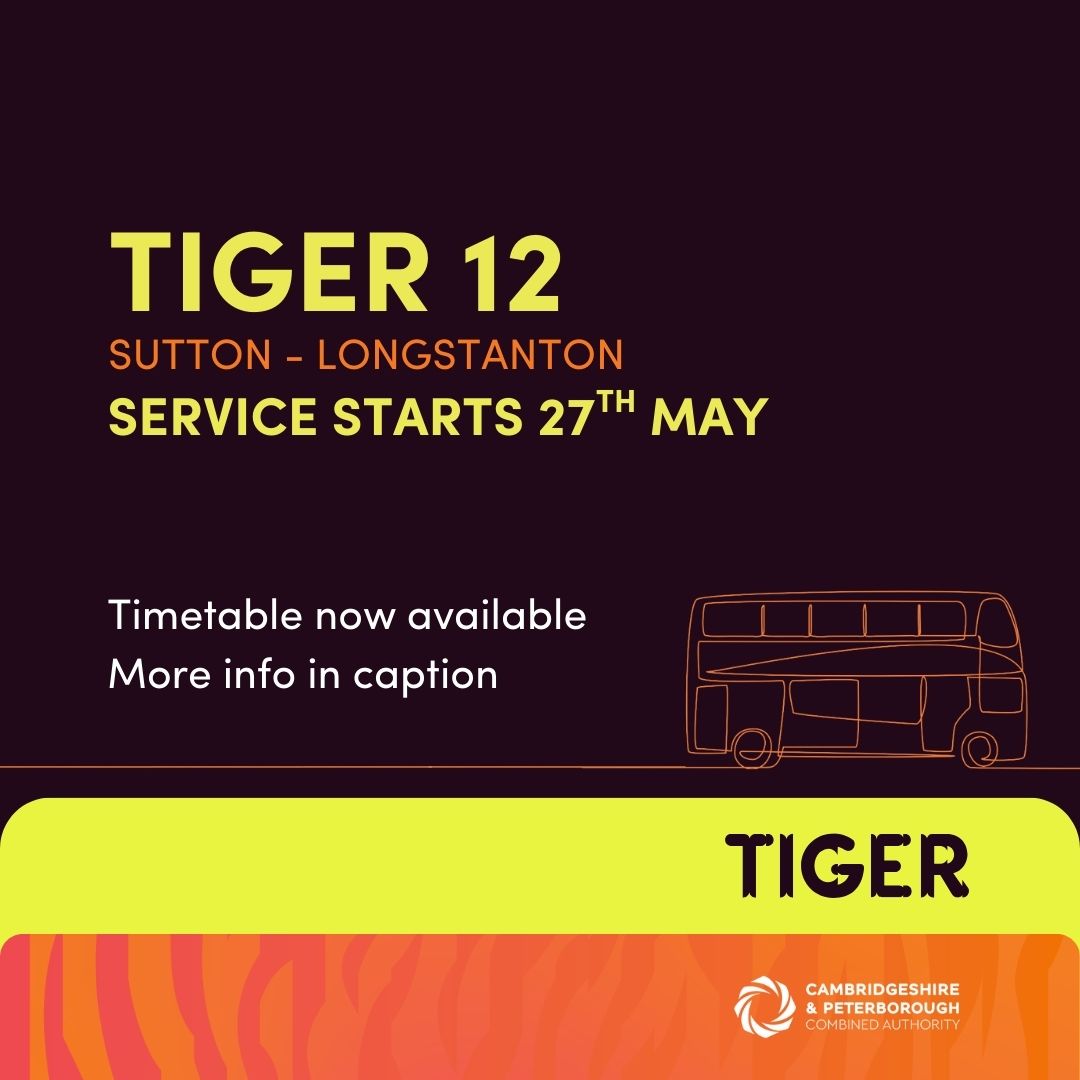 🐯 Tiger 12 – Your Link to the Busway! 🚌
Launching 27 May, only a few days left!

Sutton - Earith - Willingham - Longstanton Park &amp; Ride

You can now explore the full timetable and all stops 👉 orlo.uk/0ifXy 

#TigerBus #Tiger12 #BusTravel #RoadToBetterBuses