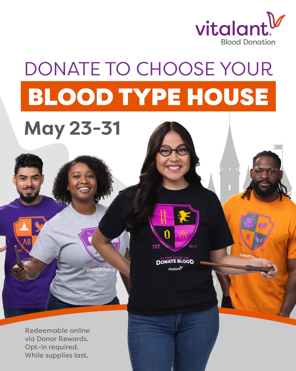 Unleash the magic within! #GiveBlood May 23-31 and choose your exclusive Blood Type House T-shirt through Donor Rewards (opt-in required). Join the league of lifesaving heroes and wear your badge proudly! Details: vitalant.org/BloodTypeHouse…