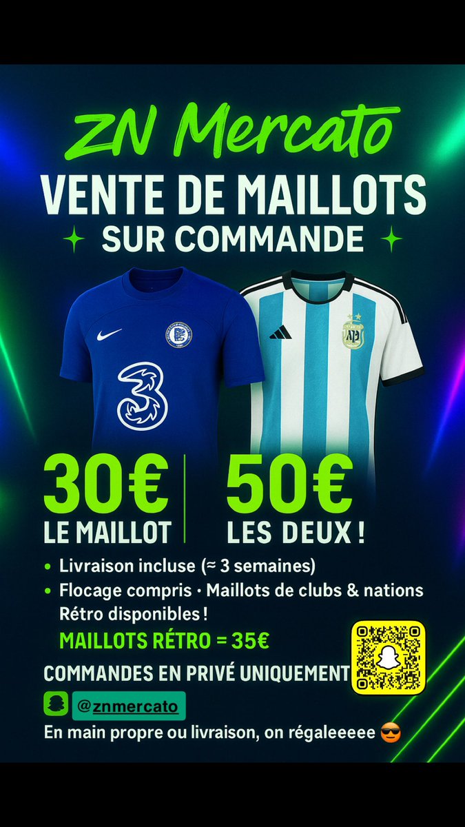Ziadshoot's tweet photo. Bienvenue chez ZN MERCATO
Des clubs, des nations, des rétros… tout y est 🔥

📩 Envoie ta demande en DM → On te le trouve, flocage inclus ✂️

🚚 Livraison incluse (≈ 3 semaines)
🤝 En main propre ou envoi dispo

🔍 Tu demandes, on trouve.
🎯 Tu commandes, on régale. https://t.co/t5uYHN7eHS