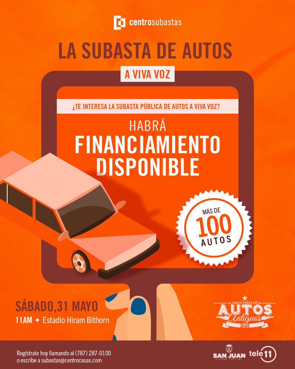 🚗 ¡Más de 130 autos en subasta! 🗓️ Sábado 31/mayo 📍 Estadio Hiram Bithorn 🕗 Registro: 8AM | Subasta: 11AM 🎟️ Solo registrados
Regístrate: (787) 287-0100 📧 subastas@centrocasas.com #SubastaPR #CentroCasas #Autos