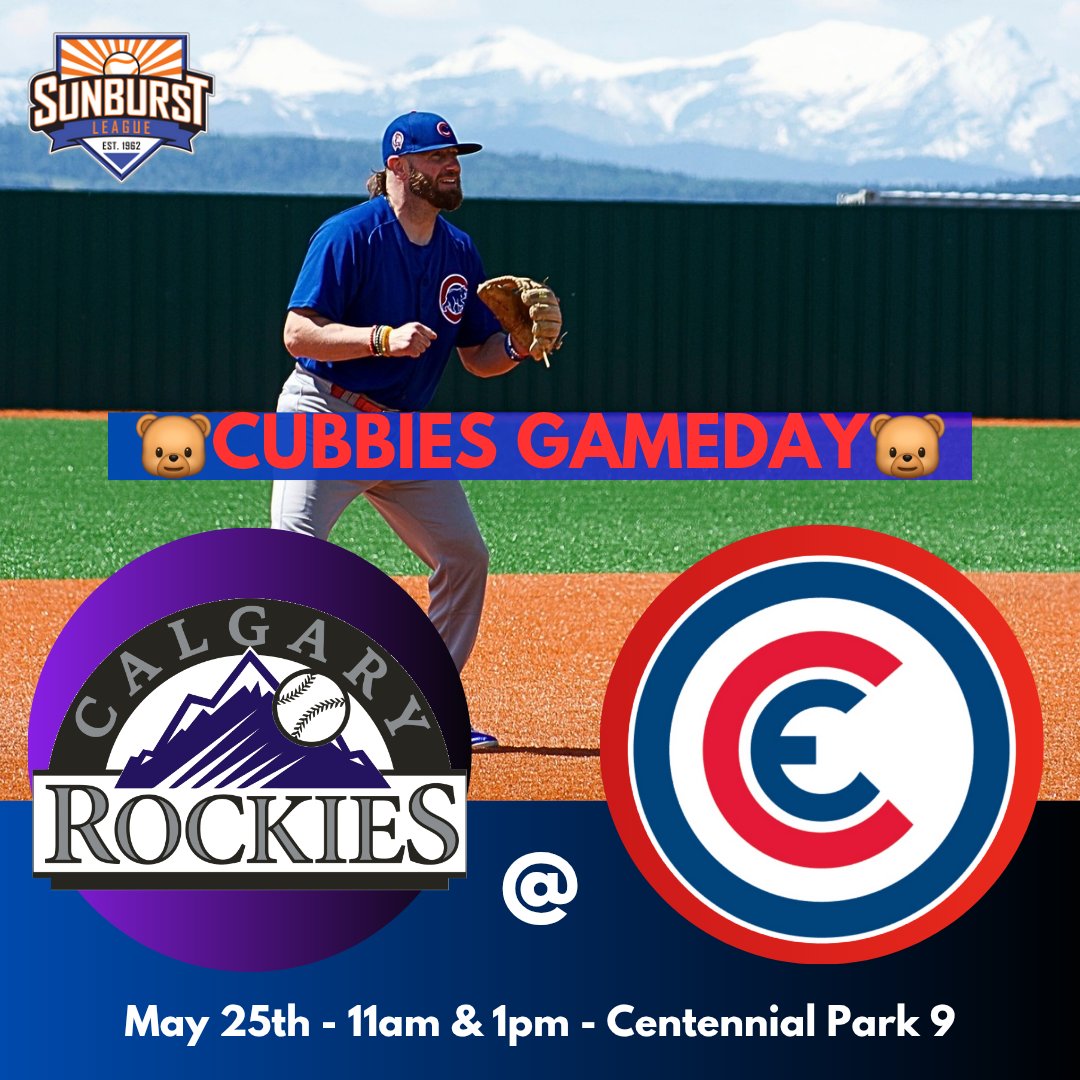 Edmonton Cubs (@edmontoncubs) on Twitter photo It's a <a href="/sunburstleague/">Sunburst League</a> finals rematch today as the bears host a doubleheader with the @cgyrockies 🏔
RE/MAX Field isn't available, so today's games will be played at CP9 in Sherwood Park at 11am and 1pm.
#gocubsgo⚾️🐻 It's a <a href="/sunburstleague/">Sunburst League</a> finals rematch today as the bears host a doubleheader with the @cgyrockies 🏔
RE/MAX Field isn't available, so today's games will be played at CP9 in Sherwood Park at 11am and 1pm.
#gocubsgo⚾️🐻