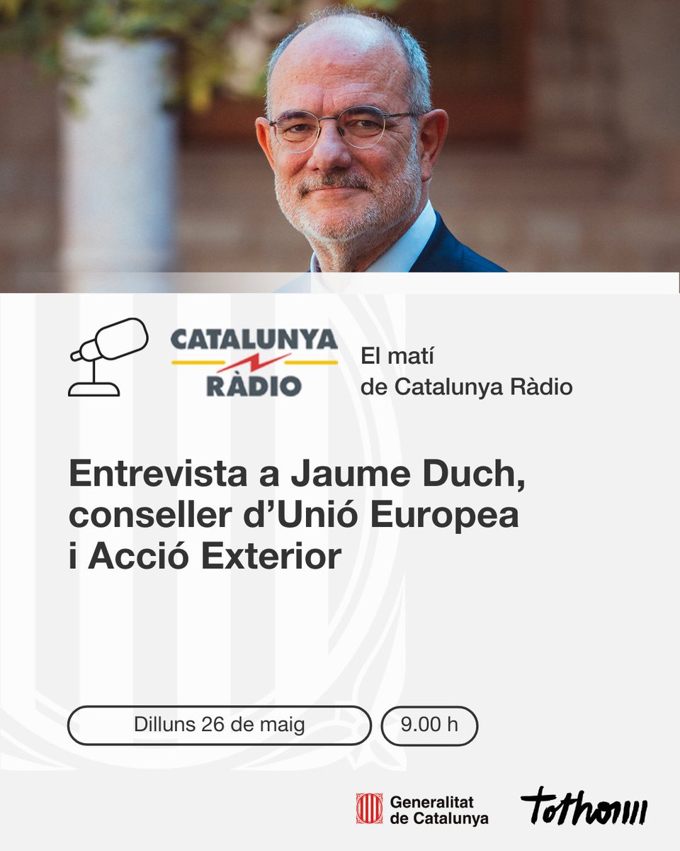 Unió Europea i Acció Exterior (@exteriorscat) on Twitter photo 📻 El conseller <a href="/jduch/">Jaume Duch</a> serà entrevistat demà al programa ‘El matí de <a href="/CatalunyaRadio/">Catalunya Ràdio</a>’ amb motiu del seu viatge institucional al Japó i de la Setmana de Catalunya a l’<a href="/expo2025japan/">Expo 2025 Osaka Kansai</a>
🗓️ Dilluns 26 de maig
🕘 9.00 h
🎙️ En directe des de Tòquio
3cat.cat/3cat/directes/… 📻 El conseller <a href="/jduch/">Jaume Duch</a> serà entrevistat demà al programa ‘El matí de <a href="/CatalunyaRadio/">Catalunya Ràdio</a>’ amb motiu del seu viatge institucional al Japó i de la Setmana de Catalunya a l’<a href="/expo2025japan/">Expo 2025 Osaka Kansai</a>
🗓️ Dilluns 26 de maig
🕘 9.00 h
🎙️ En directe des de Tòquio
3cat.cat/3cat/directes/…
