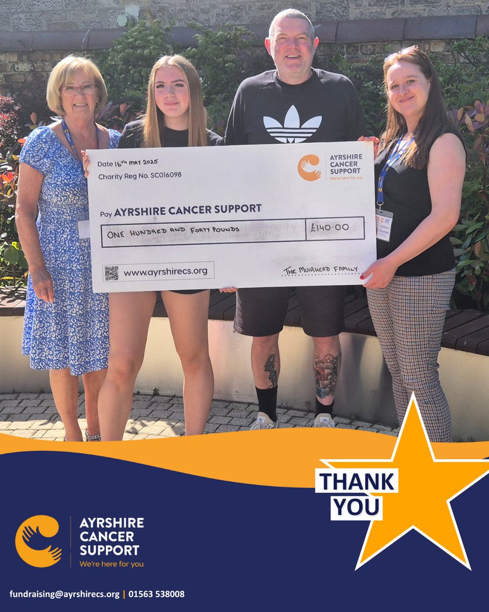 We would like to extend our heartfelt thanks to Molly and her family who organised and held a bake sale at Kilmarnock Academy, raising the whopping sum of £140 for Ayrshire Cancer Support!

Thank you Molly, and all who were involved in this fundraiser🧡