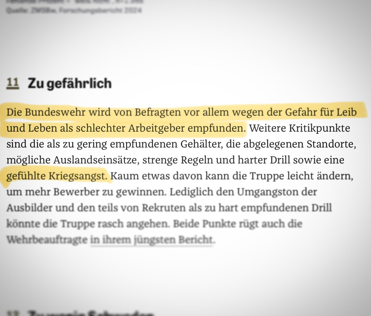 Mit „99 Problemen bis zur Wehrfähigkeit“ weiß die kriegstüchtige <a href="/zeitonline/">DIE ZEIT</a> zu schockieren.  Lieblingsproblem:
„11.  Zu gefährlich“ 
Viele Menschen empfinden den Soldatenberuf als „Gefahr für Leib und Leben“. Auch wg.  „gefühlter Kriegsangst“. 
Gefühlte Kriegslust  wär gut,  Wa?