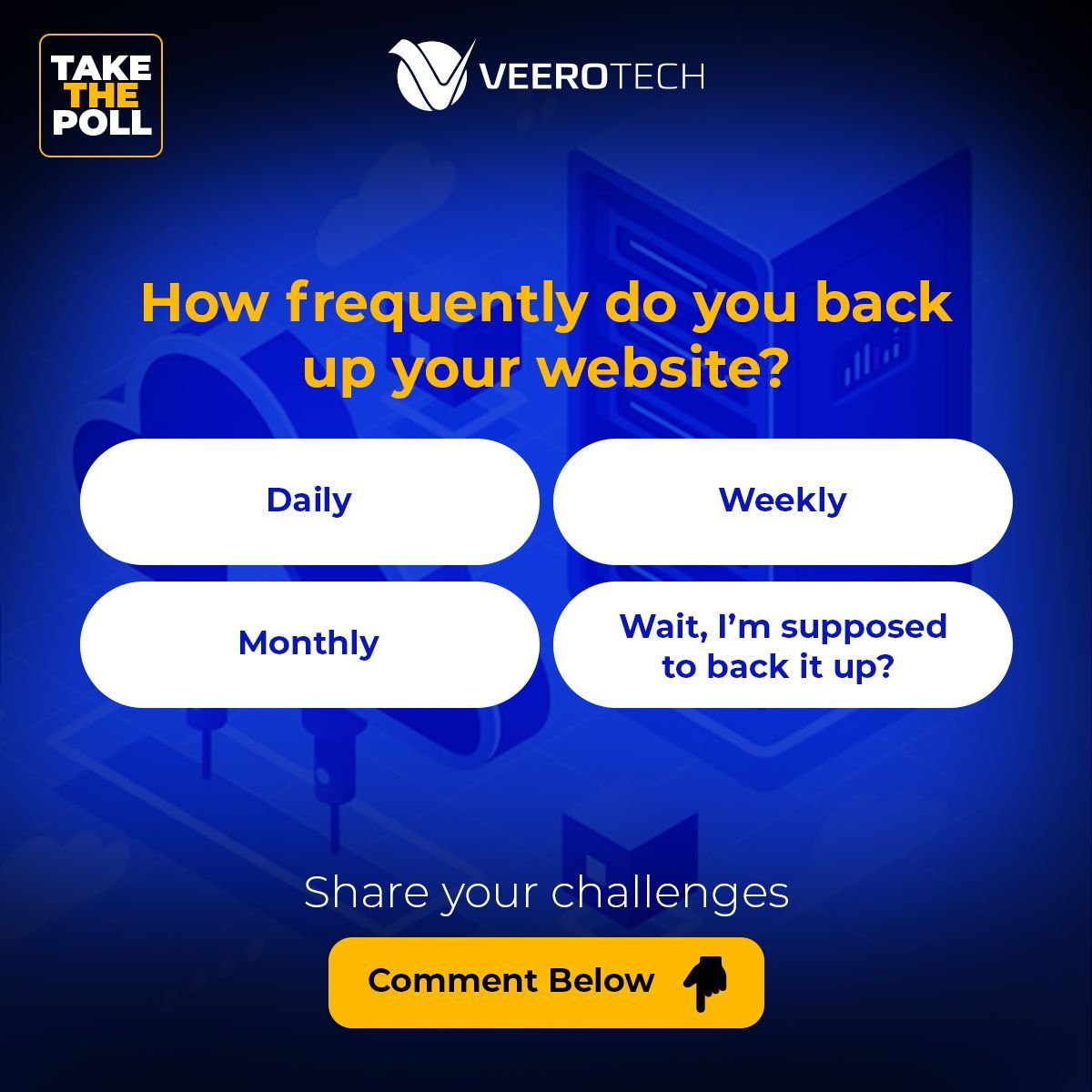 VeeroTech's tweet image. How frequently do you back up your website? 🤔
A) Daily 
B) Weekly
C) Monthly
D) Wait, I’m supposed to back it up? 😳

Share your response in below and if you face any challenge during backup, let’s discuss in the comments. 

#WebHosting #SharedHosting #Challenges  #WebsiteBackup…