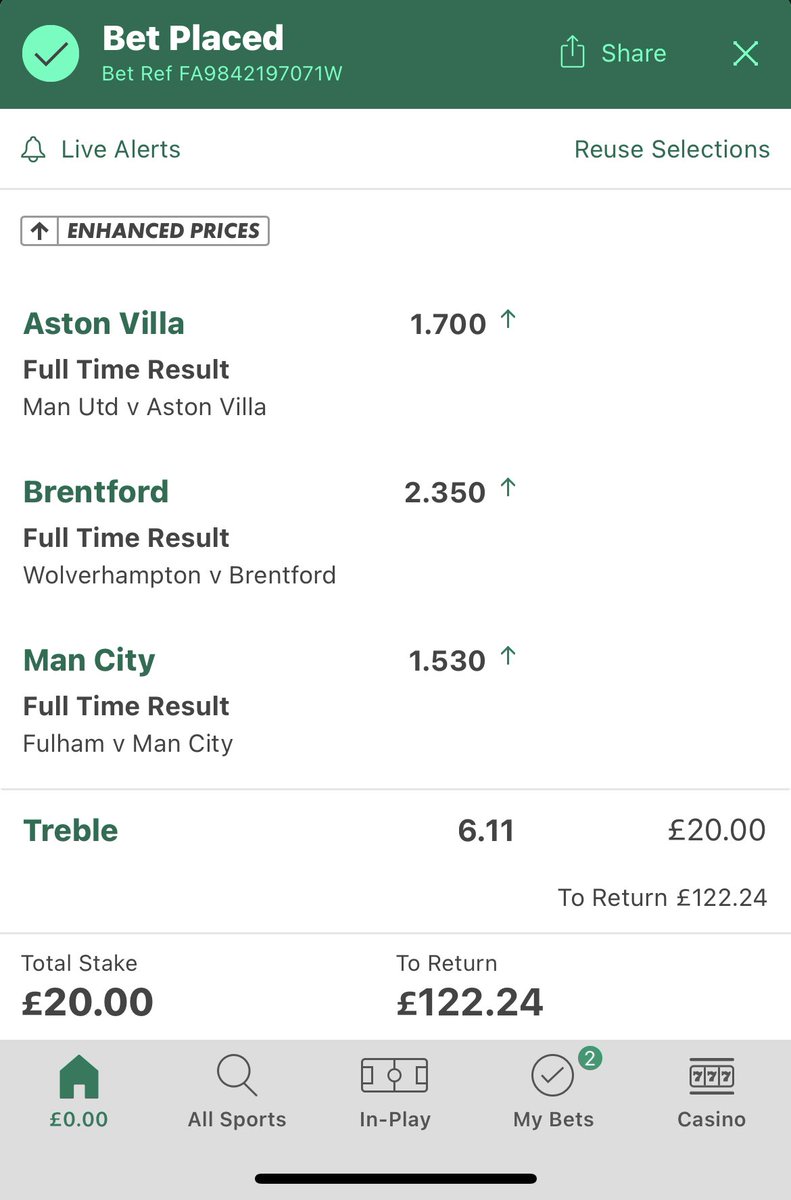 Archie_Anson1's tweet image. Villa and city  need to win to have hope of champions-league Football and Brentford will want to finish 8th rather than  11th or 12th due to money distribution in the premier league and have put out a strong squad.

Not worth taking as singles so playing the treble.