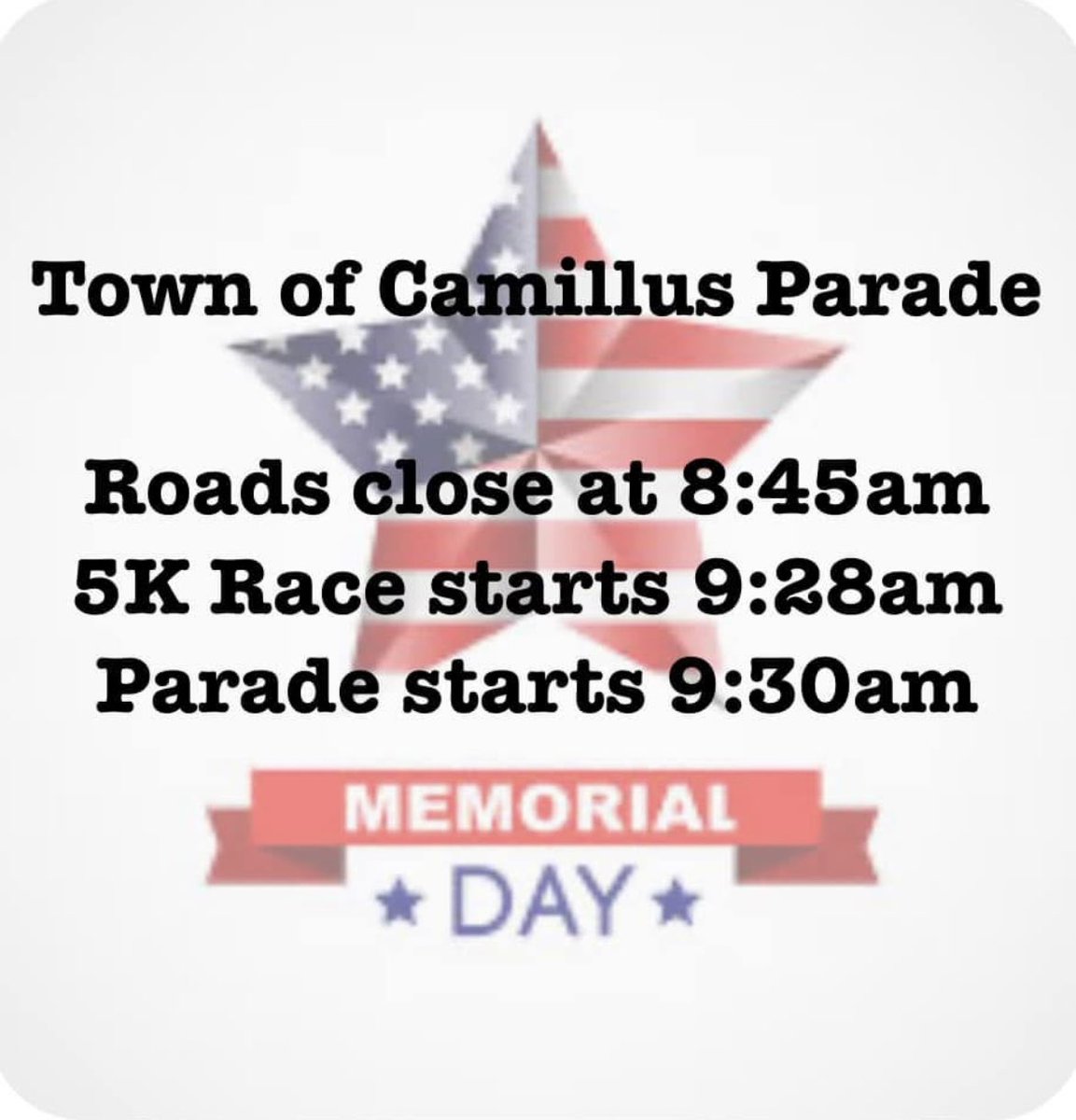 🚨Just a reminder🚨

Camillus Parade is in the Village of Camillus. Plan for road closures starting at 8:45 am until Noon. 

NO TRAFFIC IN OR OUT OF VILLAGE DURING THIS TIME FRAME. 

Please plan to use an alternate route.