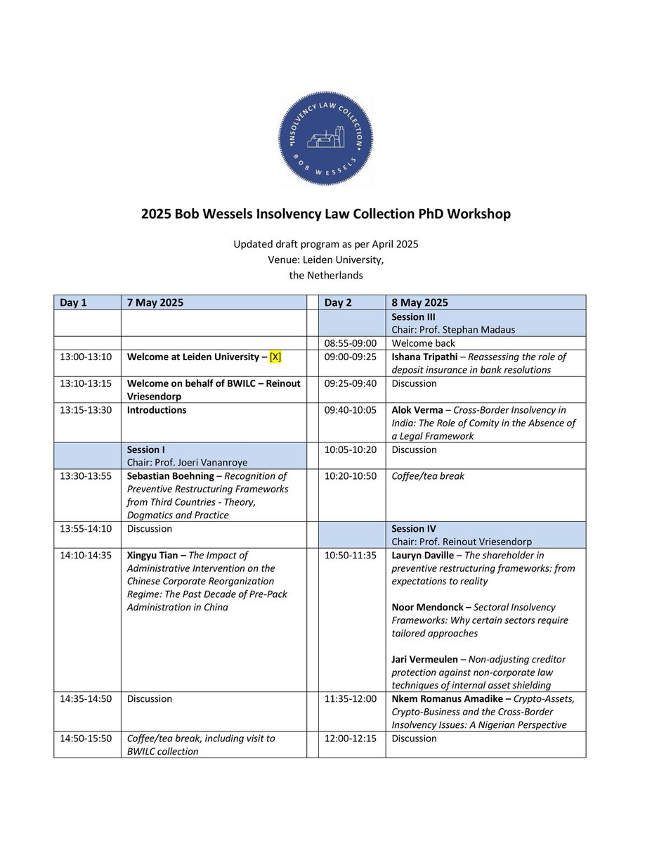 BaronSCB's tweet photo. Remembering the fantastic BWILC - Stichting Bob Wessels Insolvency Law Collection meeting in Leiden, just under 3 weeks ago. An occasion to witness inspiring and innovative presentations by early career researchers! https://t.co/JhGENWcAso
