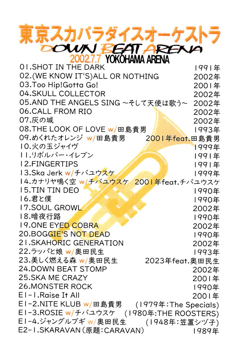 zwart_X's tweet image. 東京スカパラダイスオーケストラ
🎺2025年3月20日
DOWN BEAT ARENA PARTⅡ
【ゲスト出演】宮本浩次、田島貴男、幾田りら、石原慎也、長屋晴子
🎺2002年7月7日
DOWN BEAT ARENA
【ゲスト出演】田島貴男、チバユウスケ、奥田民生

📺️観賞用にセトリをどうぞ⬇️
#スカパラ #DBA