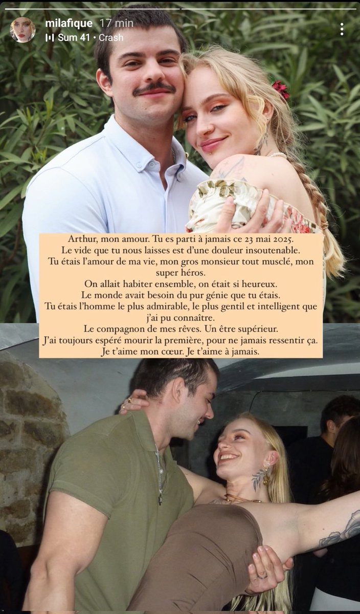 ⚫️🕊️ — Arthur, le compagnon de Mila, est décédé ce vendredi 23 mai. Toutes nos pensées vont à Mila et aux proches d’Arthur en ces moments douloureux. Paix à son âme.